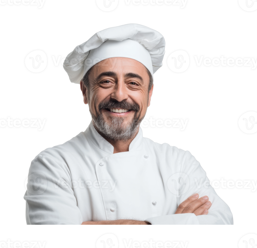 Mature caucasian male chef smiling in professional attire with arms crossed png