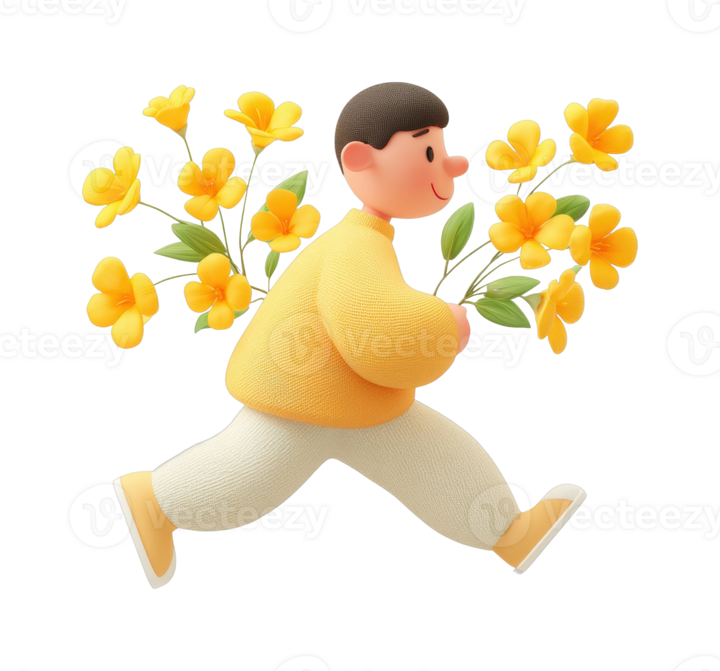 Illustrated young male with yellow flowers in playful pose png
