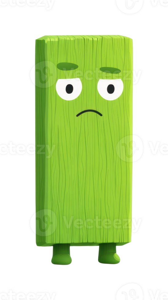 Green cartoon wooden creature with expressive eyes and small legs png