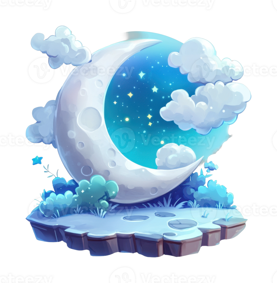 Whimsical night scene with crescent moon and clouds png