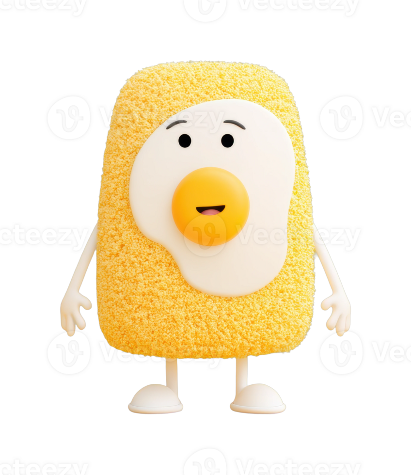 Playful cartoon character with fried egg face and yellow body png