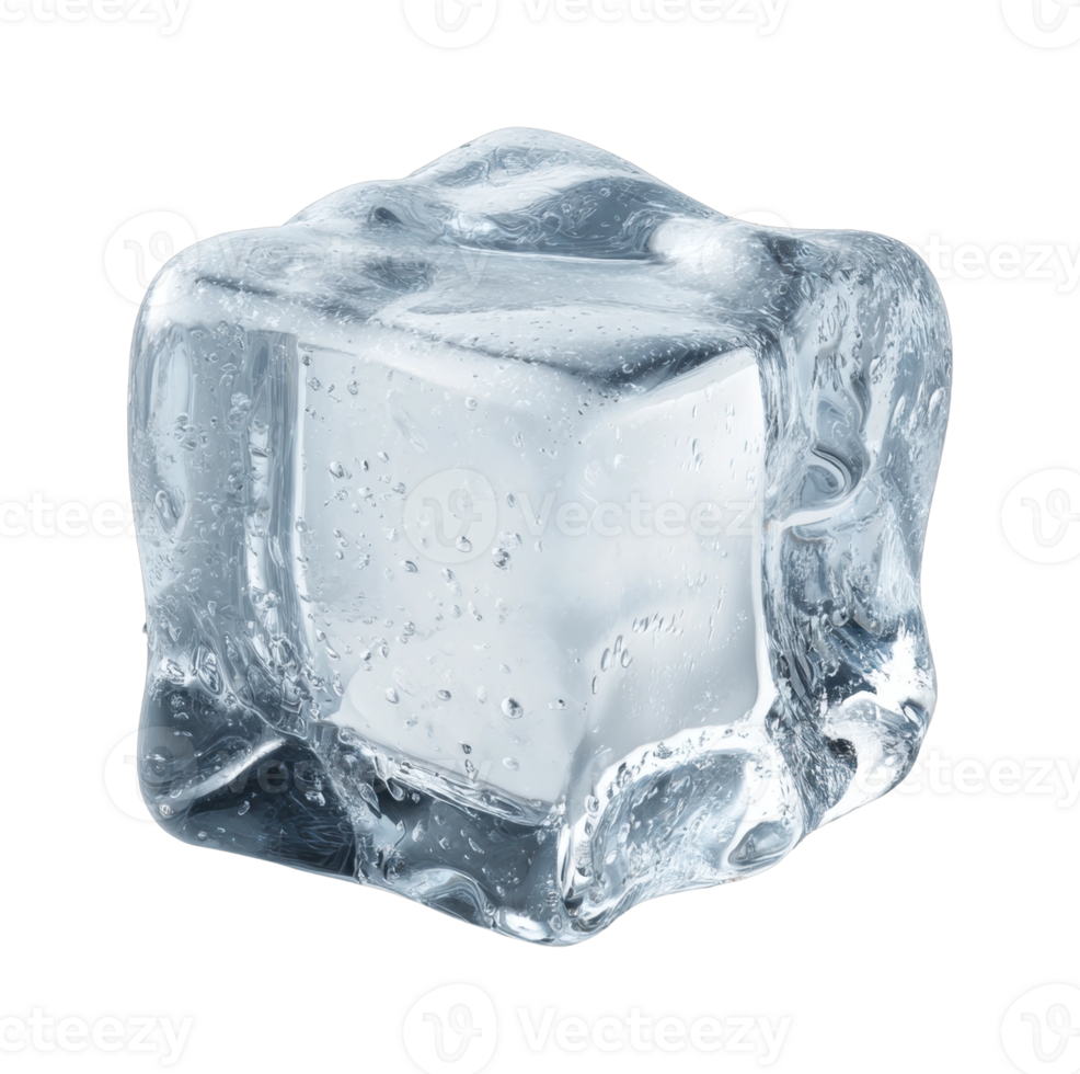 Clear melting ice cube with water droplets on black png