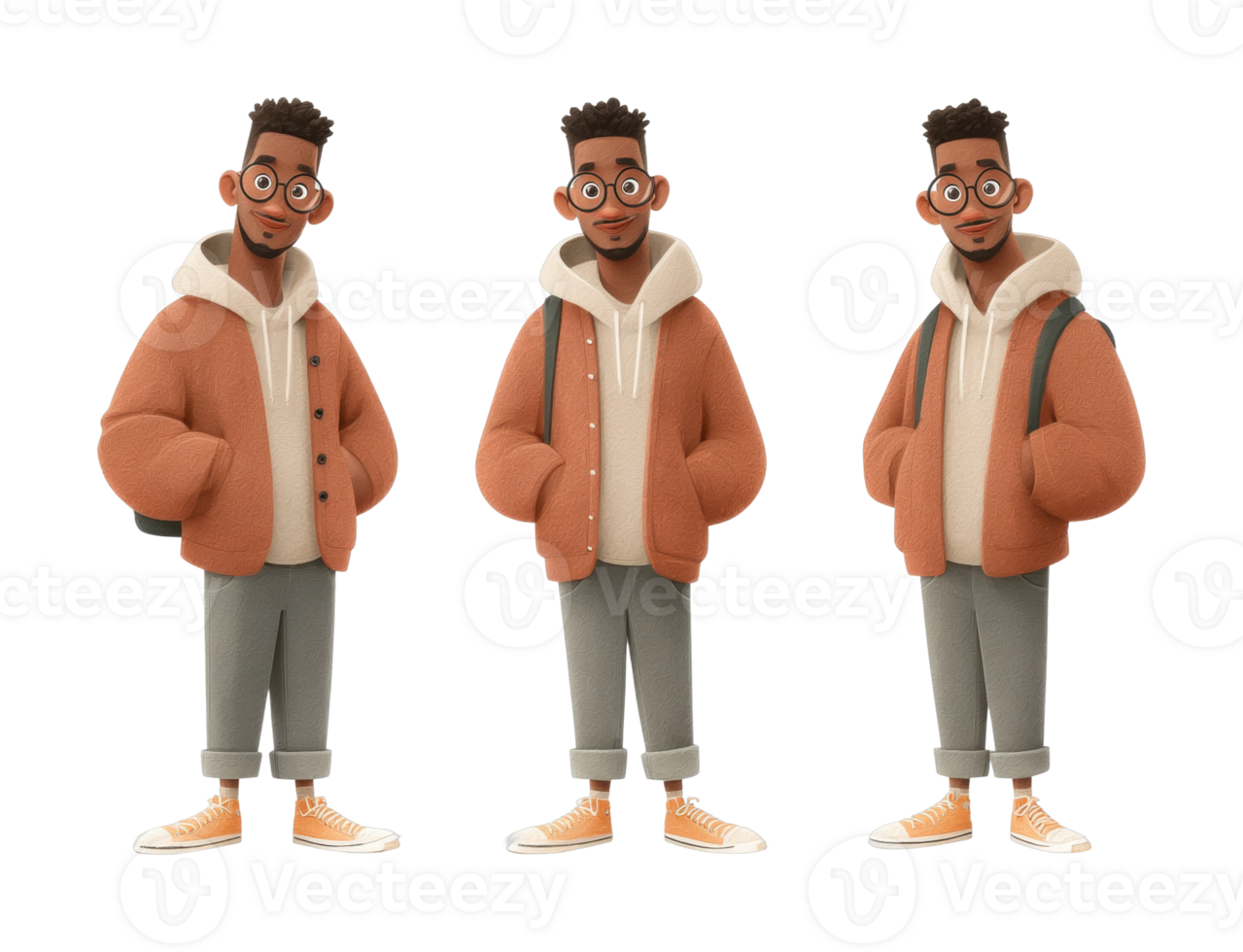 Stylish young african male characters in casual outfits with glasses png