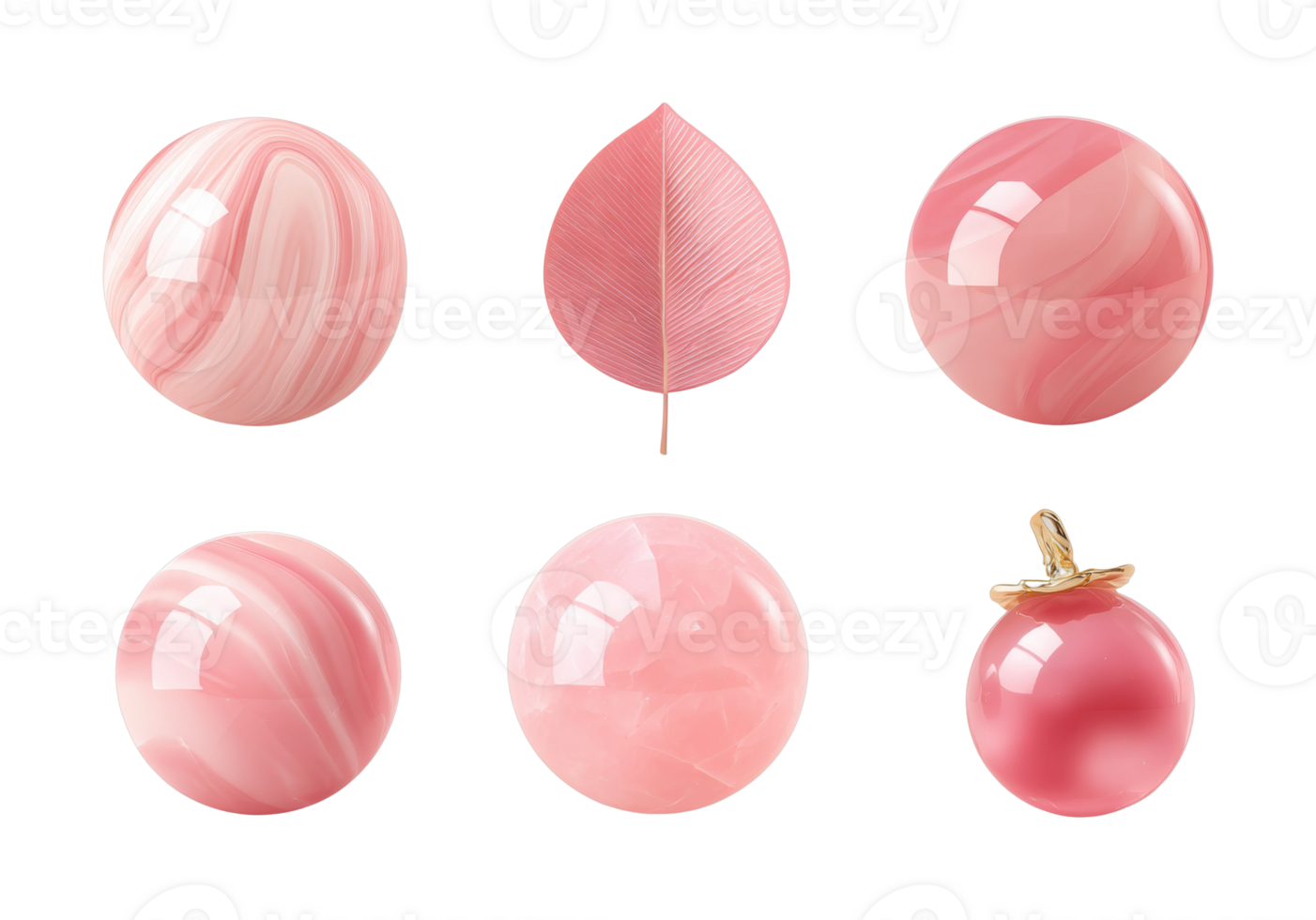 Set of six pink spheres and leaf with smooth texture and glossy finish png