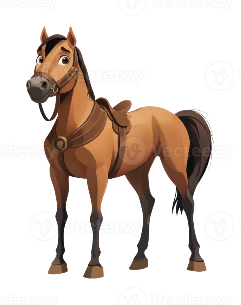 Animated cartoon brown horse with saddle and expressive eyes png