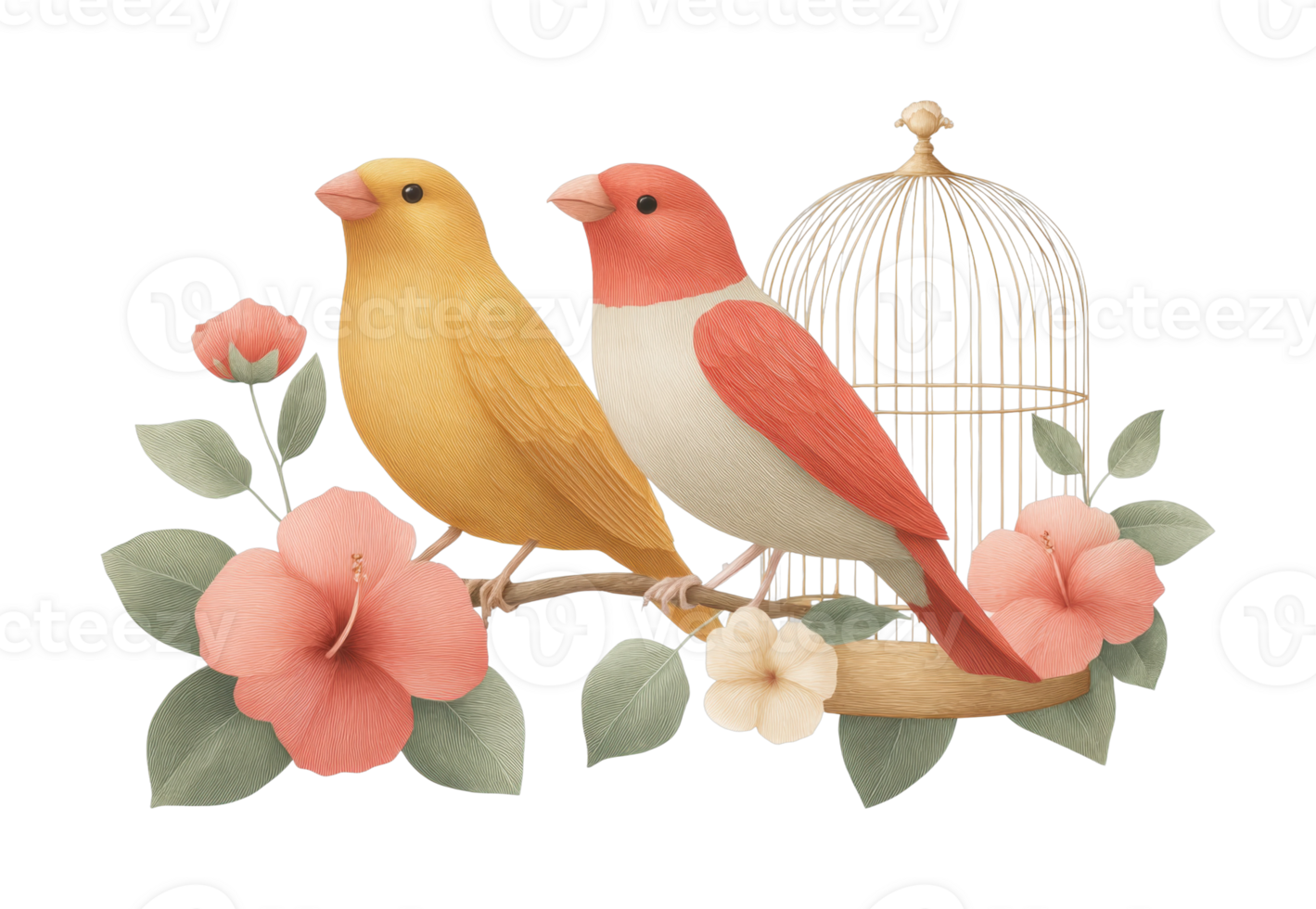 Two colorful birds perched with flowers and birdcage png