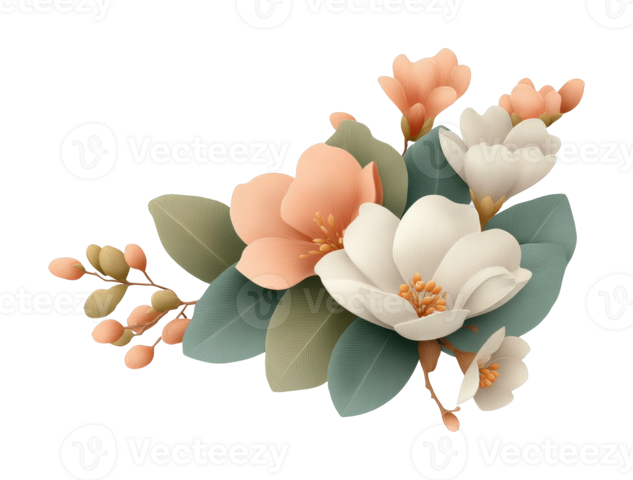 Delicate floral arrangement with peach and white blossoms and green leaves png
