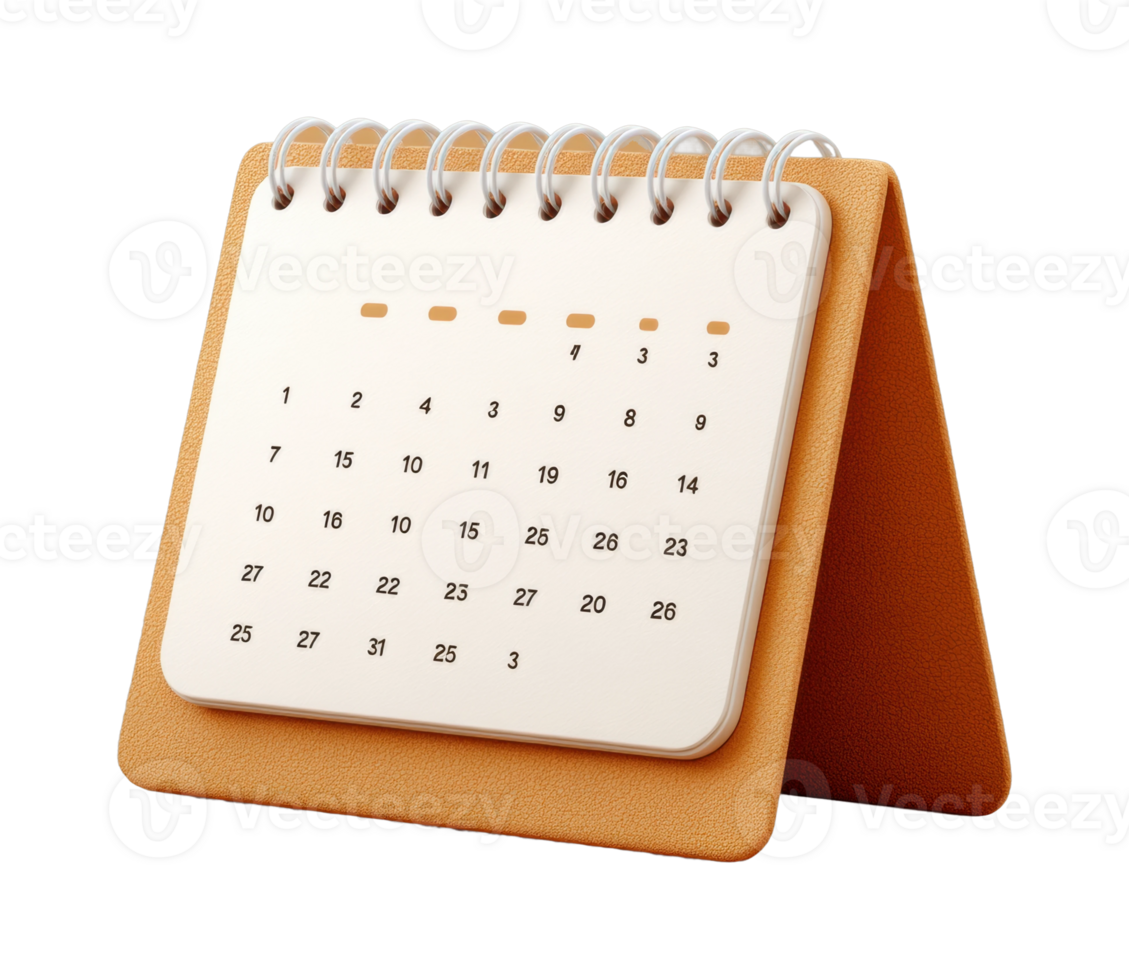 Desktop spiral-bound calendar with leather stand on black background png
