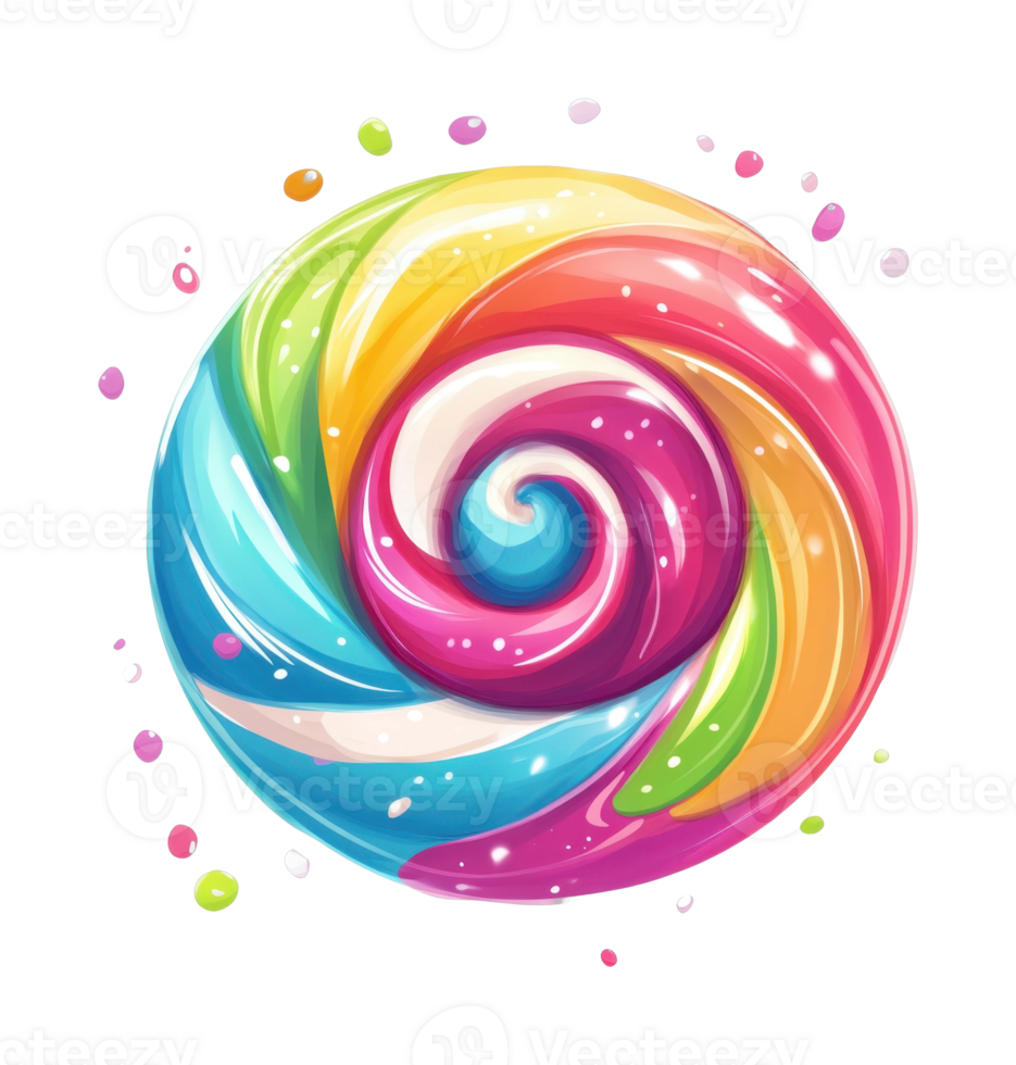 Colorful spiral lollipop with rainbow swirls and candy dots png