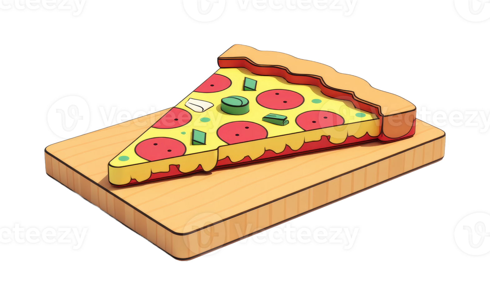Cartoon slice of pepperoni pizza on wooden board with cheese and vegetables png