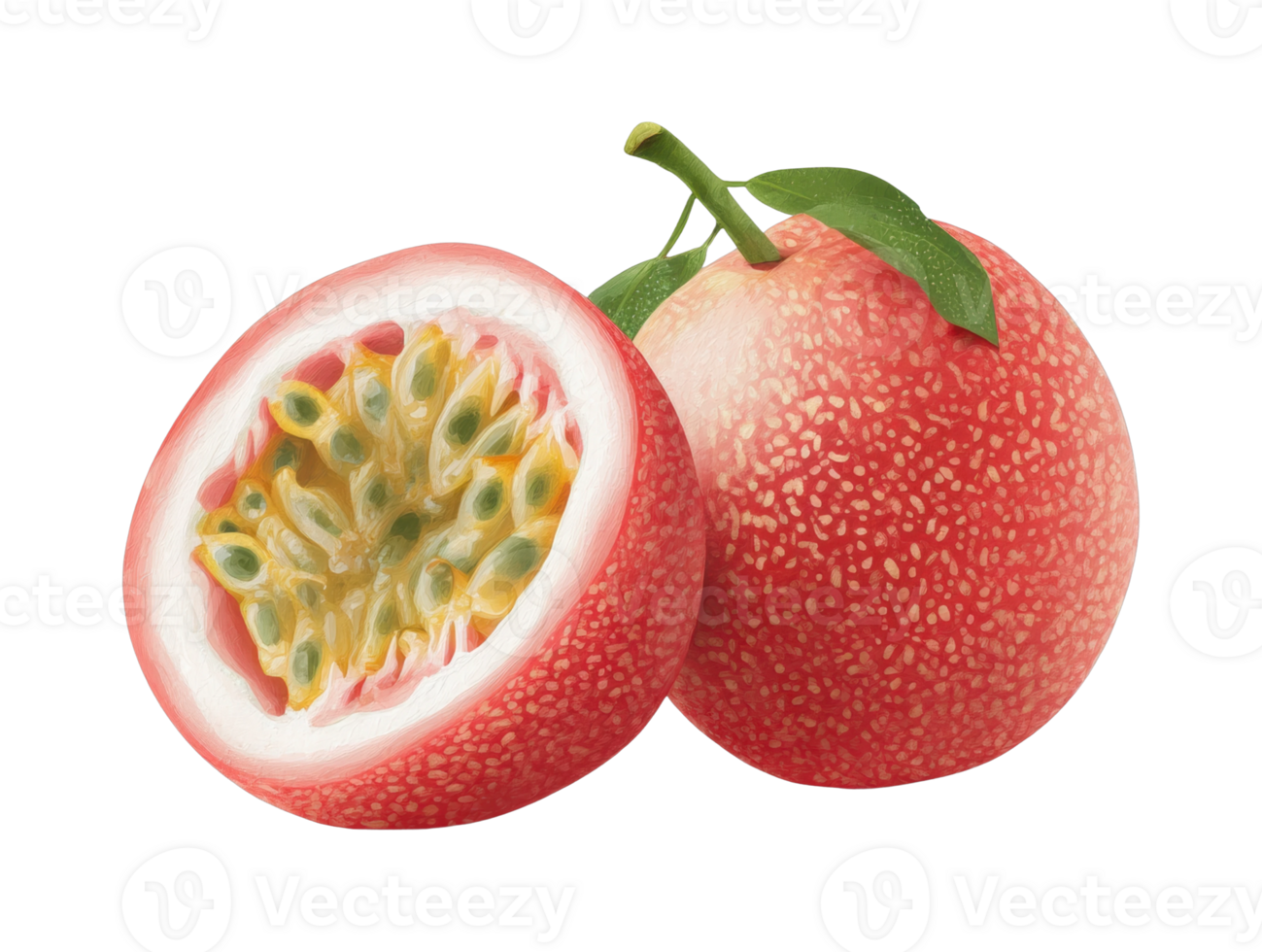 Vibrant passion fruit cut open with visible seeds and texture png