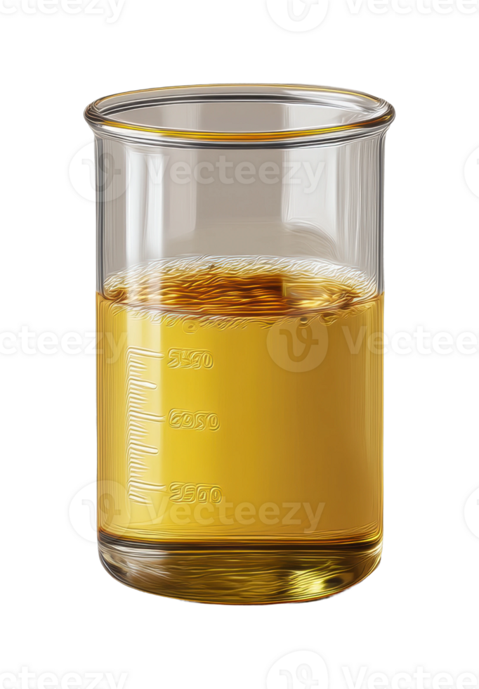 Glass beaker with amber liquid and measurement markings png