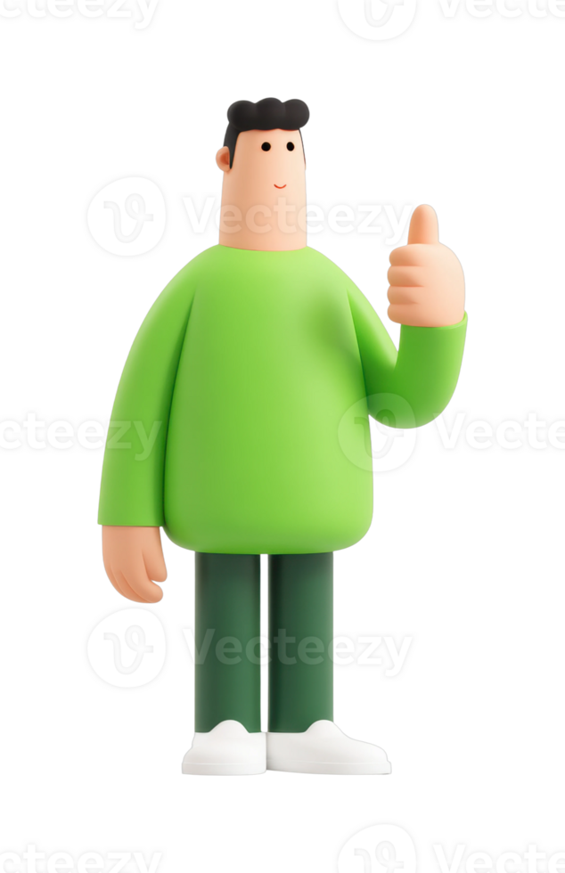 Cartoon character giving thumbs up wearing green shirt and dark pants png