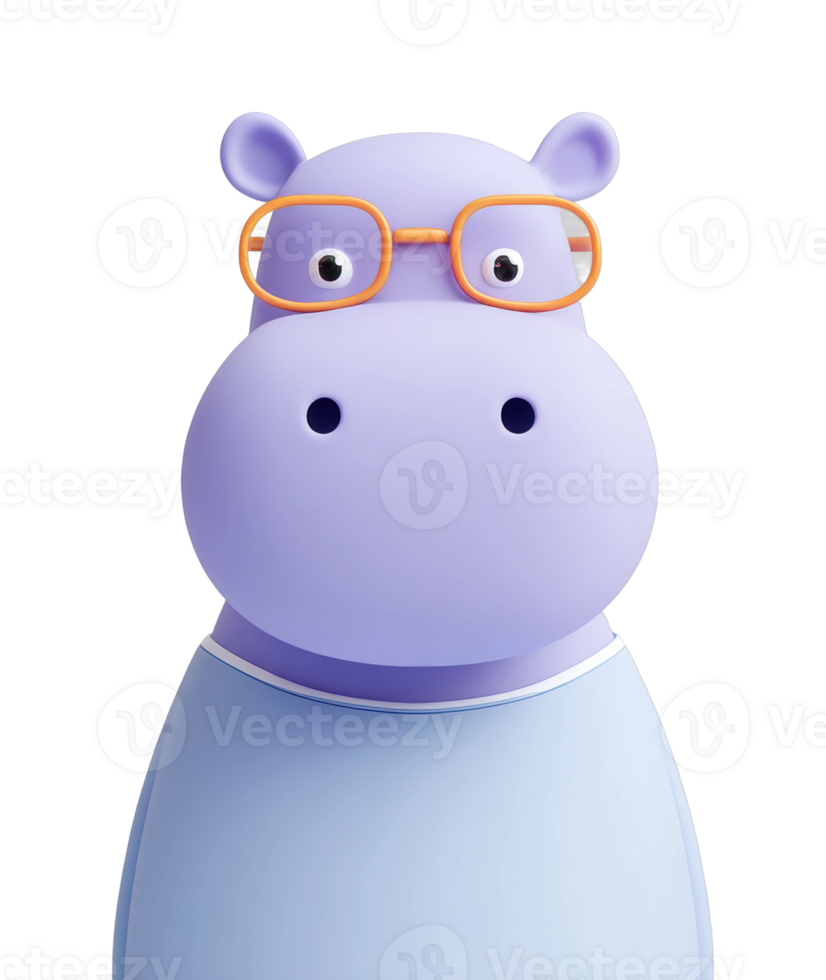 Cartoon hippo with glasses and blue outfit on black background png