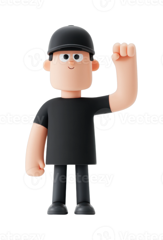 3d cartoon character waving in black outfit and cap png