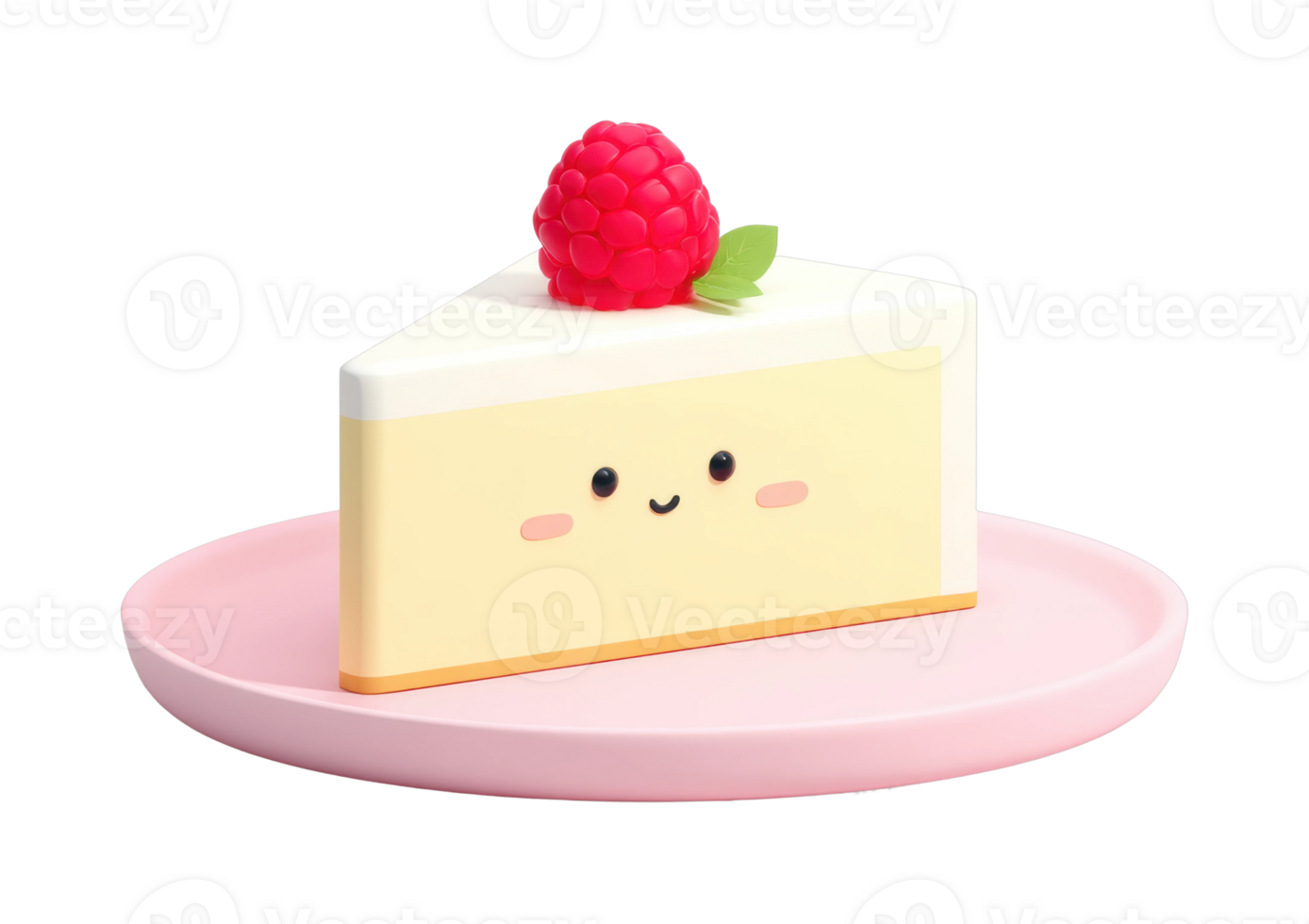 Cute cartoon cheesecake slice with raspberry topping on pink plate png