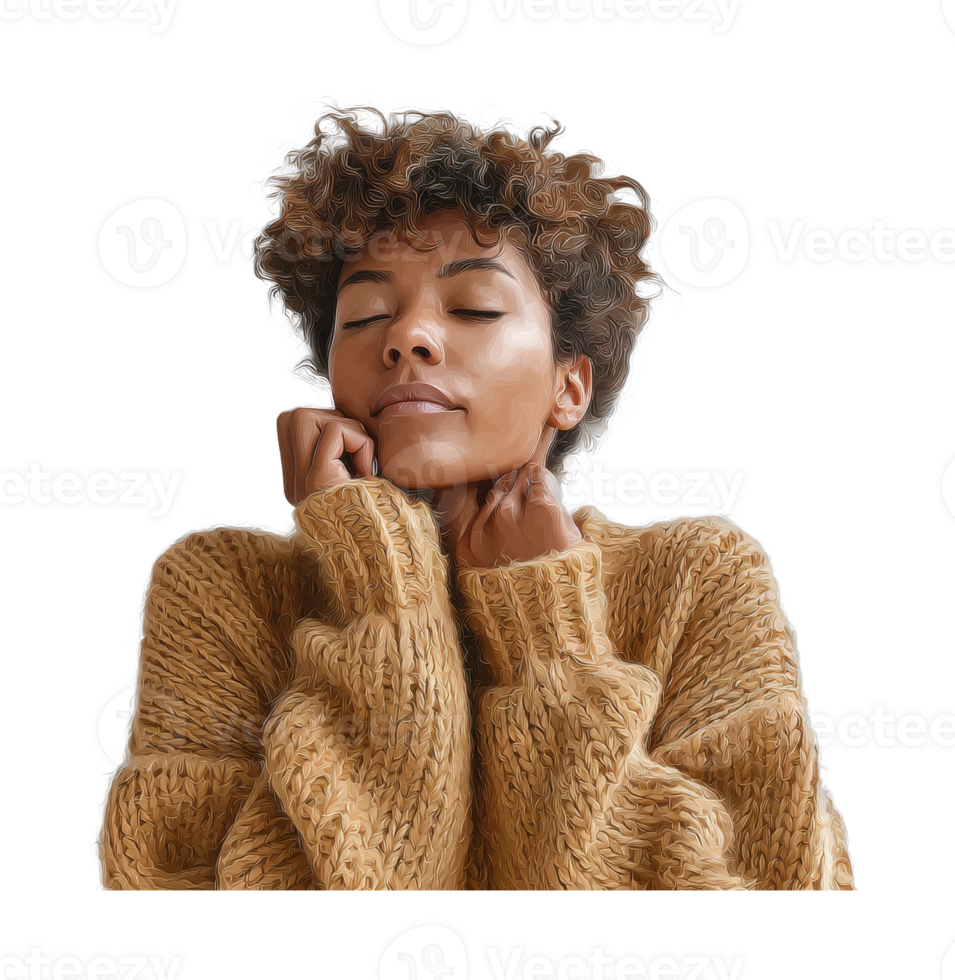 Calm african female adult in cozy sweater with eyes closed png