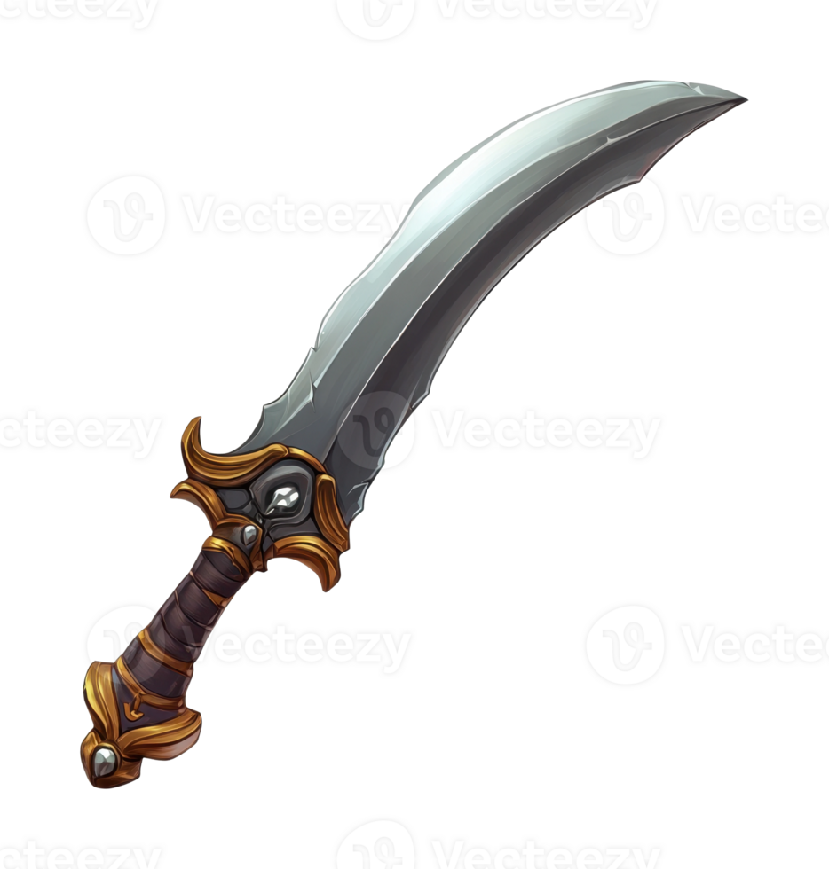 Fantasy curved sword with ornate gold and silver design png