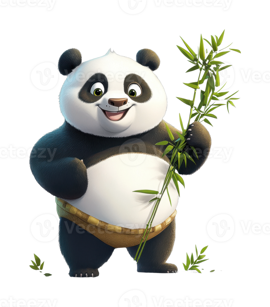 Cute cartoon panda smiling holding bamboo in playful pose png