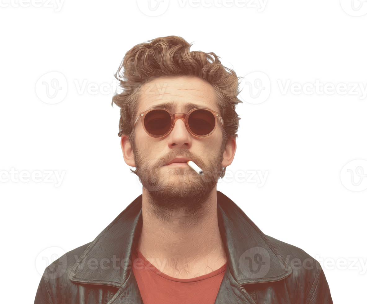Young caucasian male with sunglasses and cigarette in leather jacket png