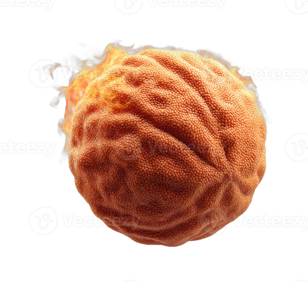 Flaming orange sphere with textured surface and fire elements png