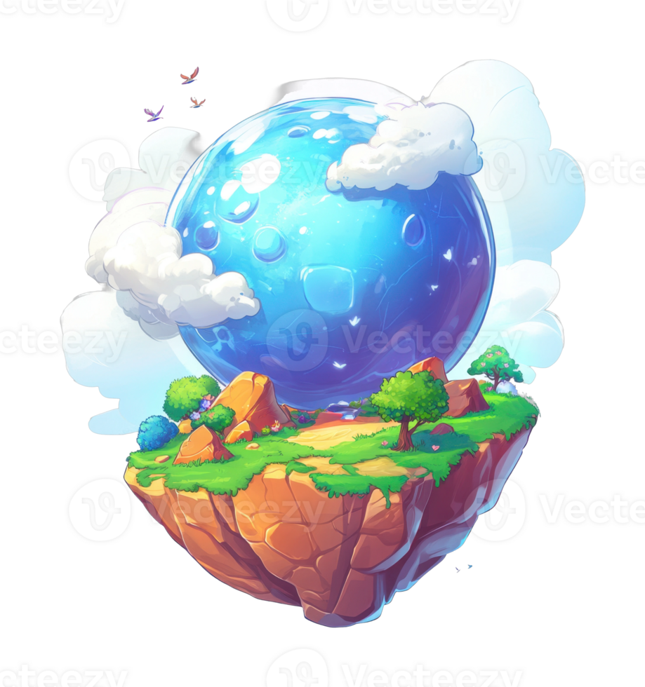 Whimsical floating island with giant blue orb and lush greenery png