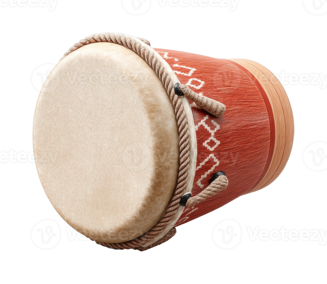 Traditional handcrafted djembe drum with rope tuning and textured patterns png
