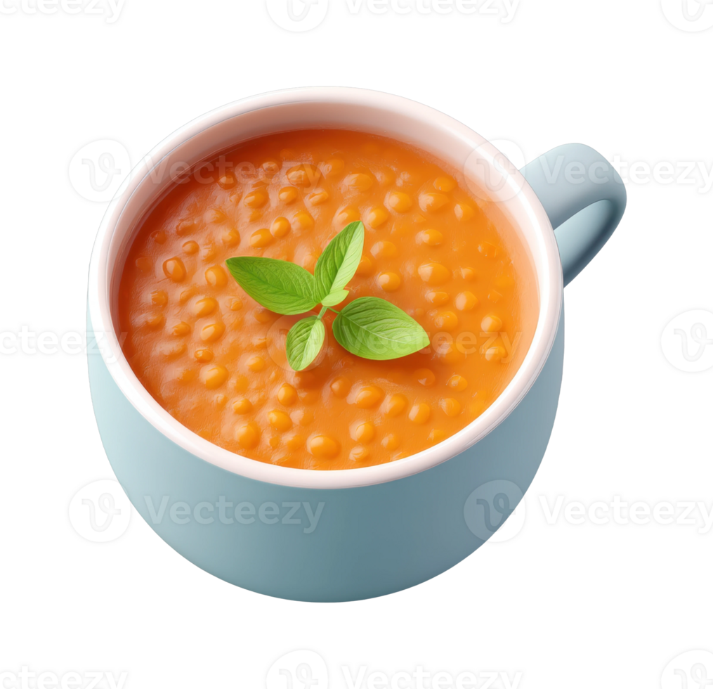 Bowl of lentil soup with fresh basil garnish png