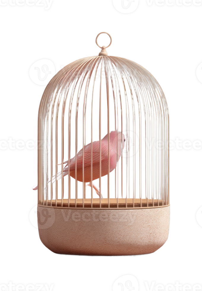 Pink bird in gold cage capturing elegance and solitude png
