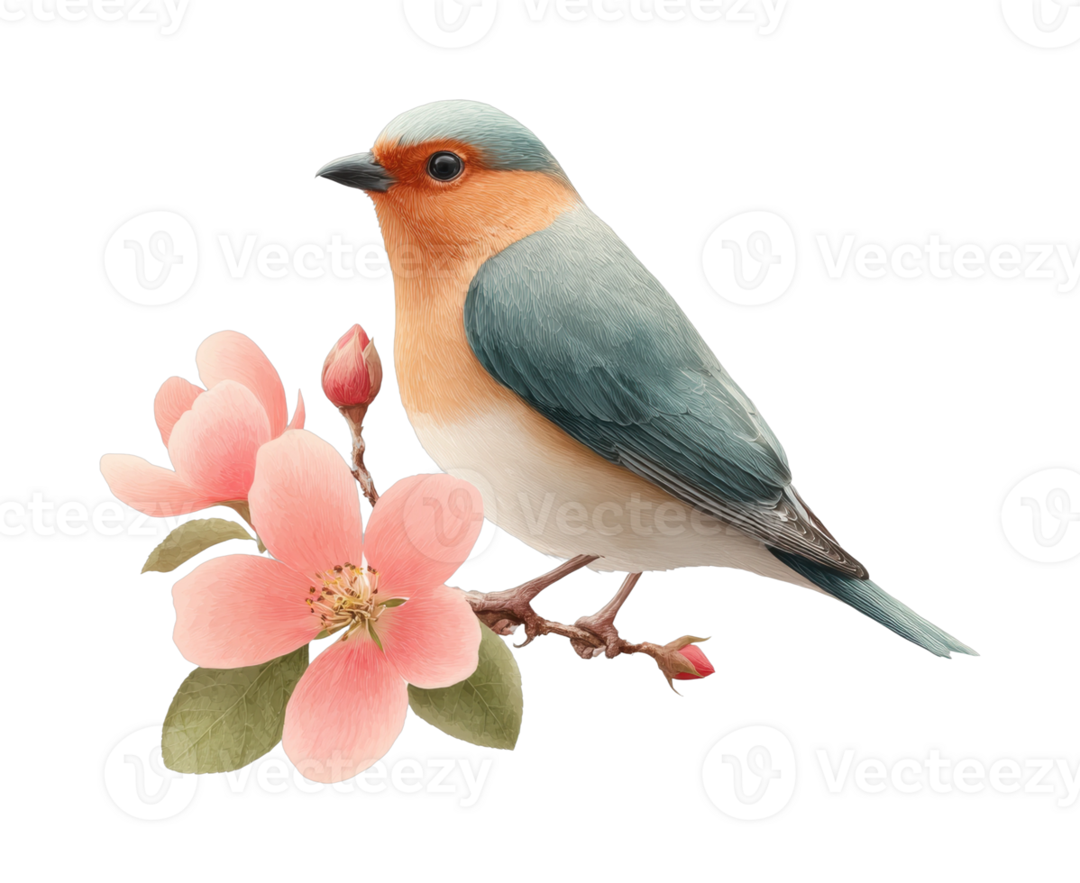 Colorful bird perched by pink flowers in a nature-inspired scene png