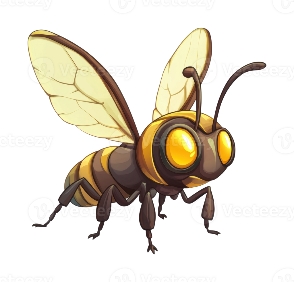Cartoon honey bee with large yellow eyes and wings png