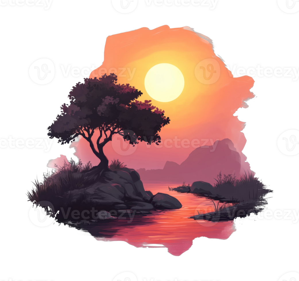 Serene sunset over river with silhouette of tree and mountains png