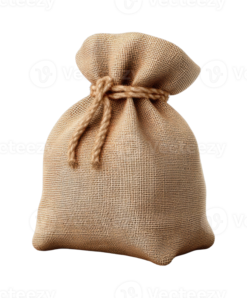 Burlap sack with drawstring cord tied at top for storage and packaging png