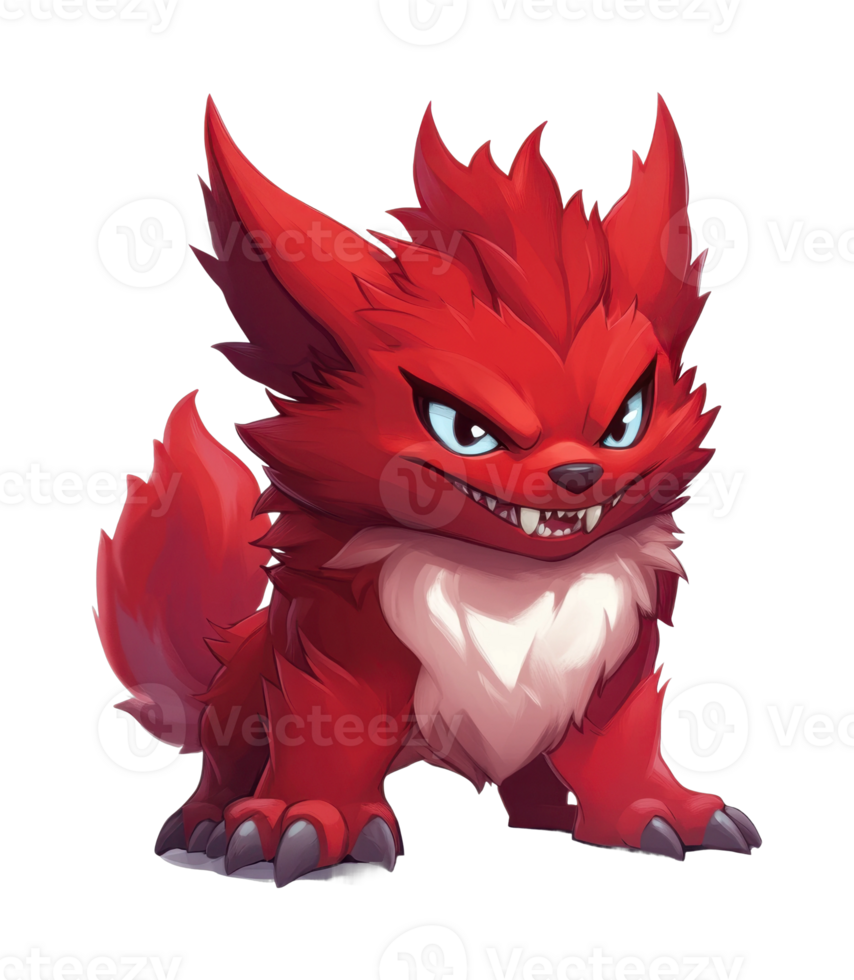 Fierce red fantasy creature with sharp teeth and fluffy mane png