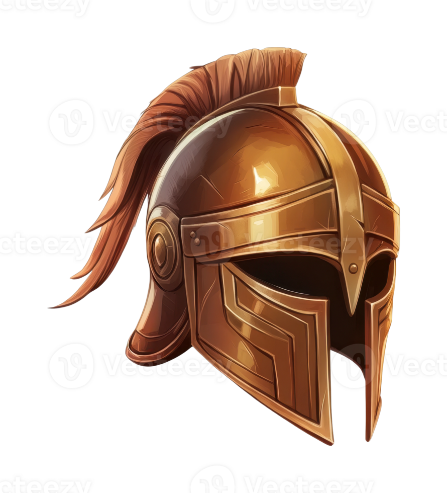 Bronze medieval warrior helmet with red plume and crest png