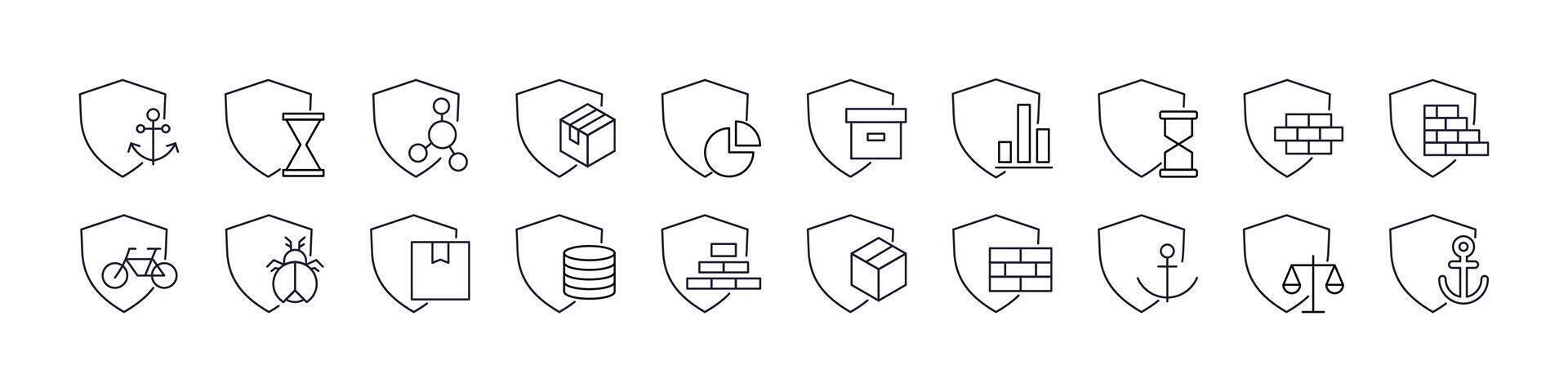 Box, Brick Wall, Anchor by Shield Thin Line Icon Set. Outline Signs for Graphic and Web Design, Apps, Adverts, Various Cards vector
