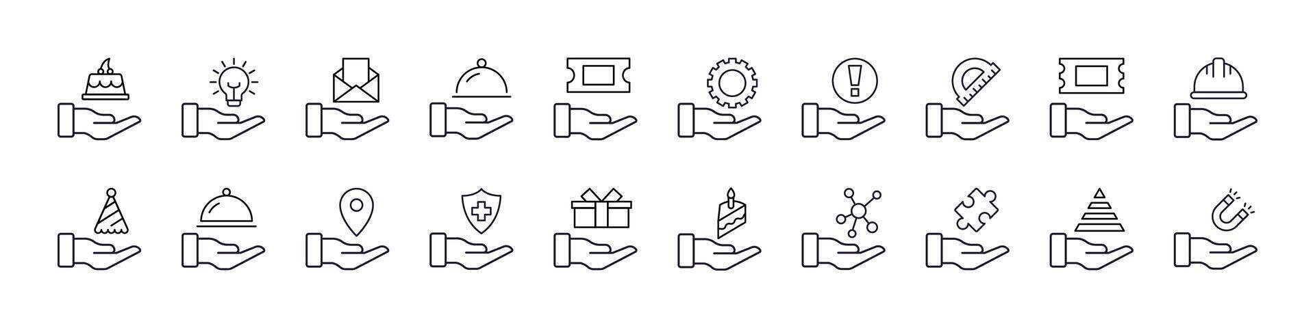 Helmet, Food, Mail etc on Hand Line Icon Set. Outline Signs for Graphic and Web Design, Apps, Adverts, Various Cards vector