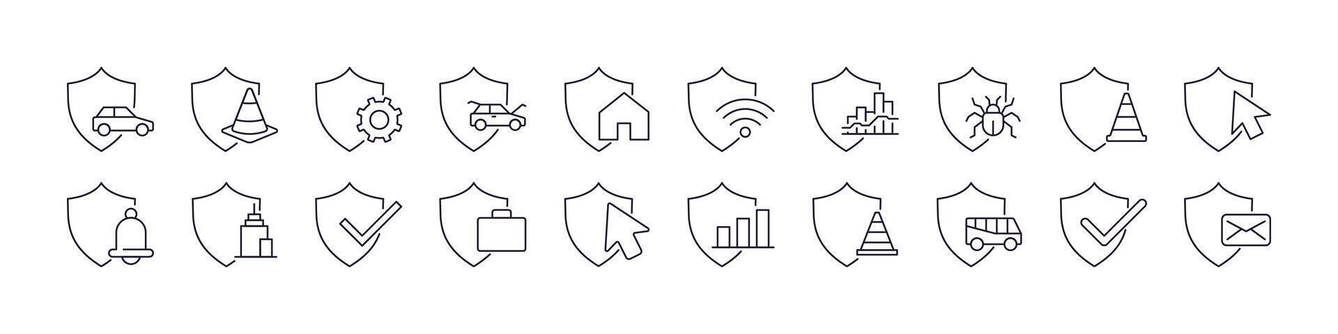 Shield, Defence, Insurance Line Icon Pack. Minimalistic Linear Pictogram for Web and Graphic Design, Apps, Banners, Social Network and Cards vector