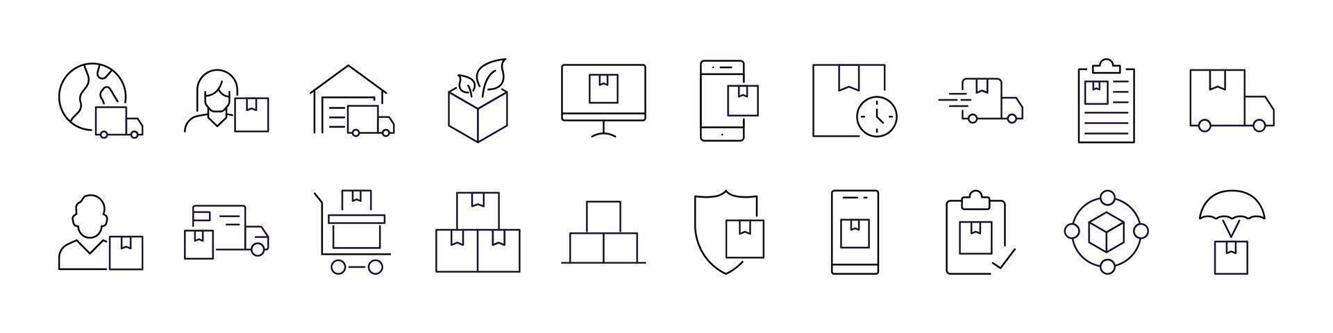 Collection of Delivery Related Line Icons. Truck, Box, Shipping Outline Signs for Graphic and Web Design, Apps, Adverts, Various Cards vector