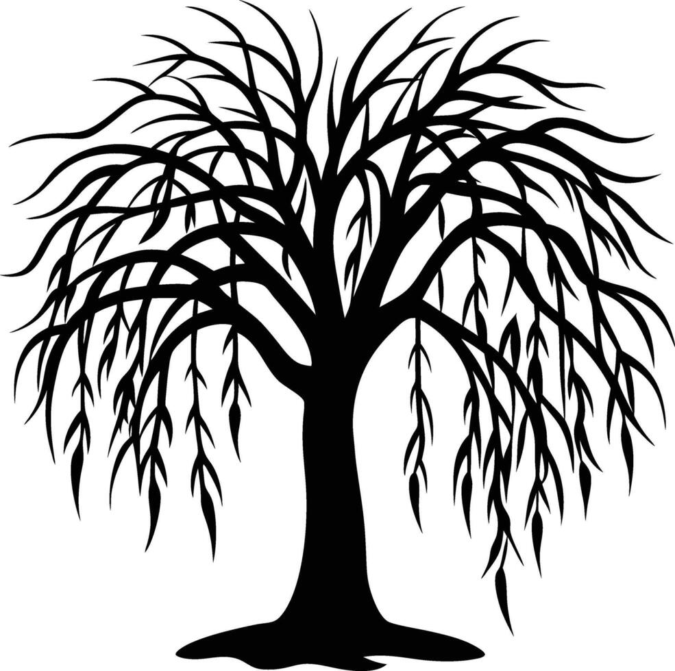 Silhouette of a Weeping Willow Tree with Drooping Branches, Elegant Nature Illustration. vector