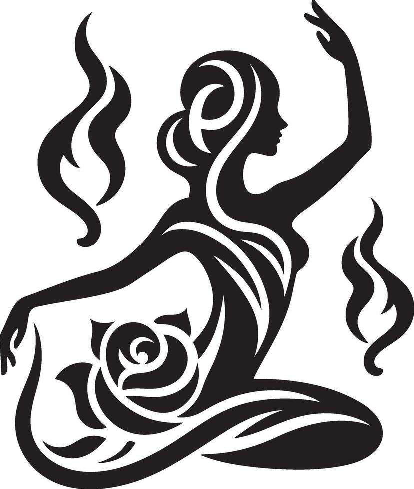 Graceful Dancer with Fiery Flair and Floral Elegance, Dynamic Artistic Dance Illustration. vector