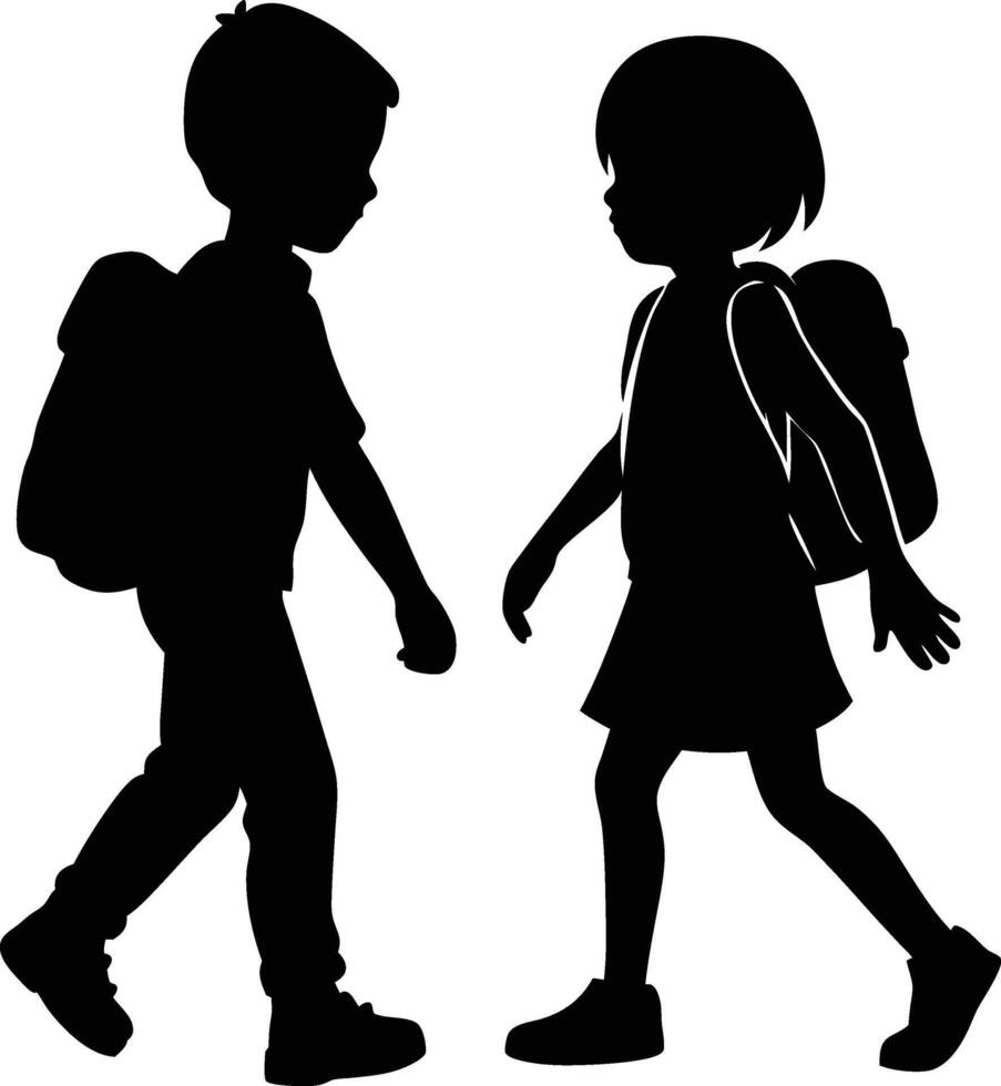 Silhouette of Two Young Children Walking with Backpacks, Back to School Illustration. vector