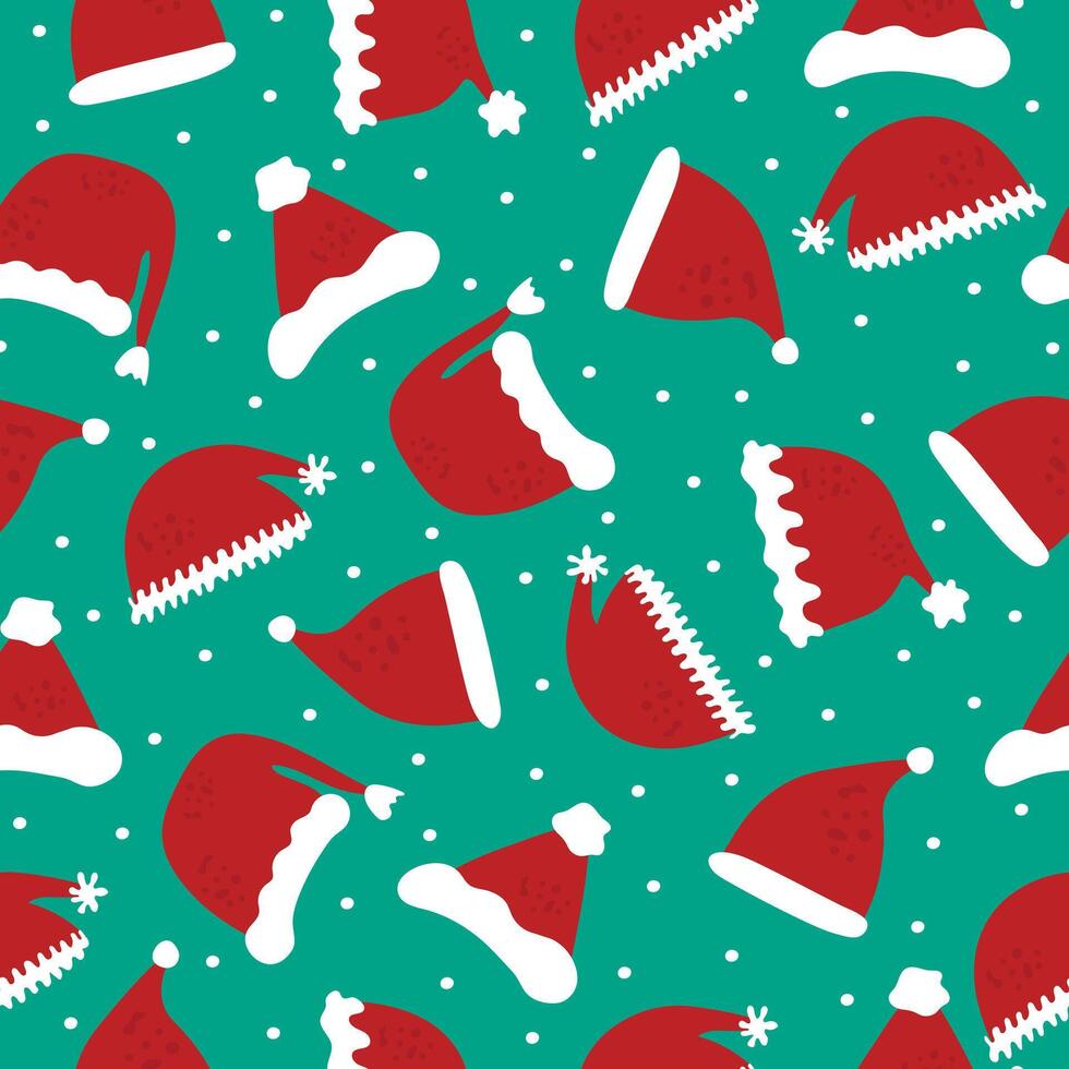 Seamless pattern with festive red santa hat and falling snow on teal background. vector
