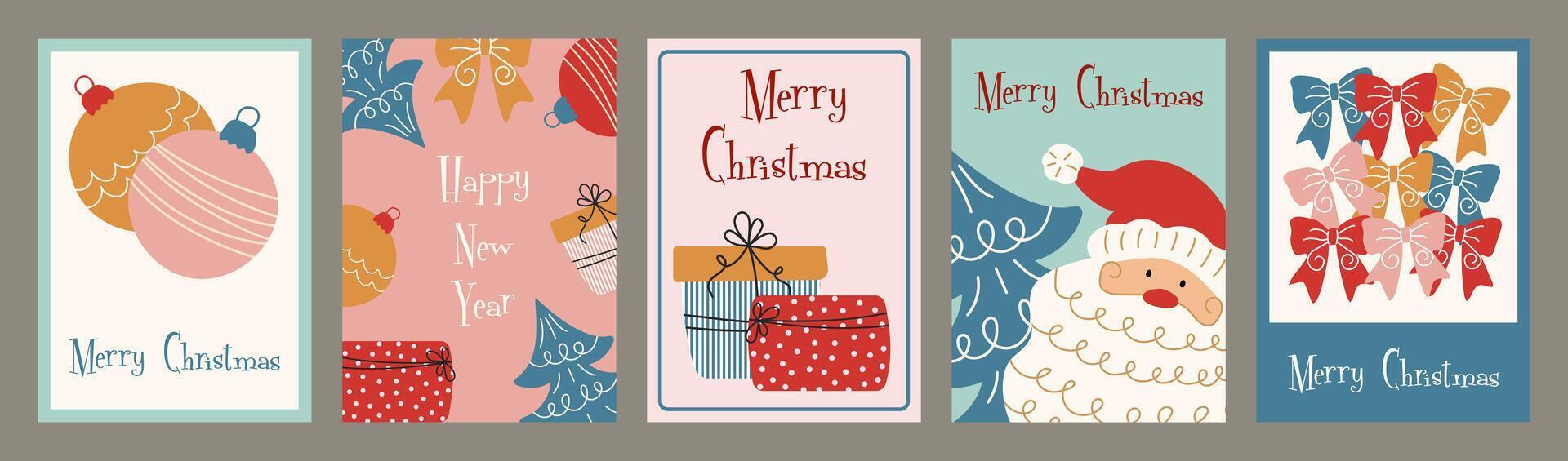 Christmas and New Year postcard set with decorative ornament, gift box, santa claus, christmas tree. Seasonal holiday card. vector