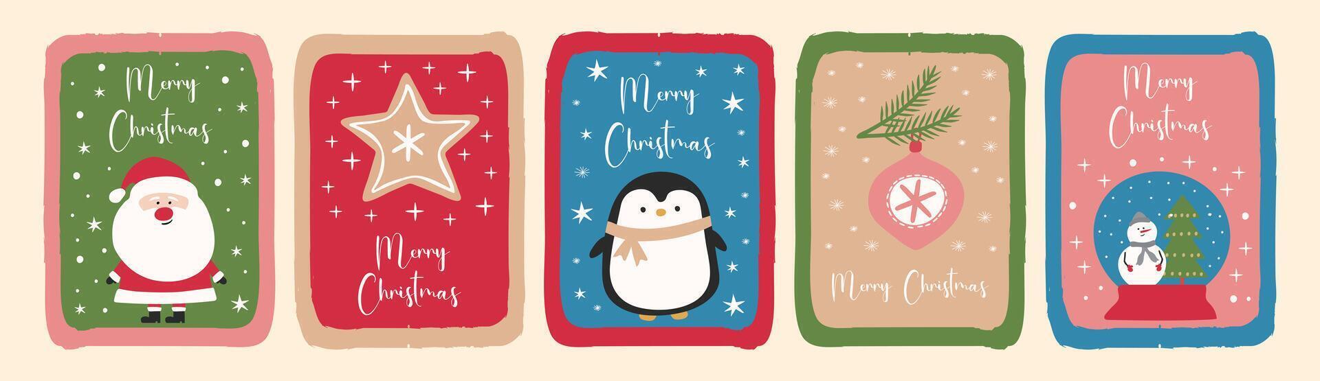 Set of five colorful retro style Christmas labels featuring Santa Claus, penguin, gingerbread and snow globe. vector
