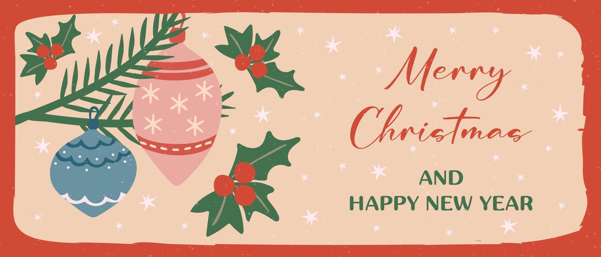 Retro style Merry Christmas and Happy New Year greeting card or banner with holiday decorations and holly berry design. vector