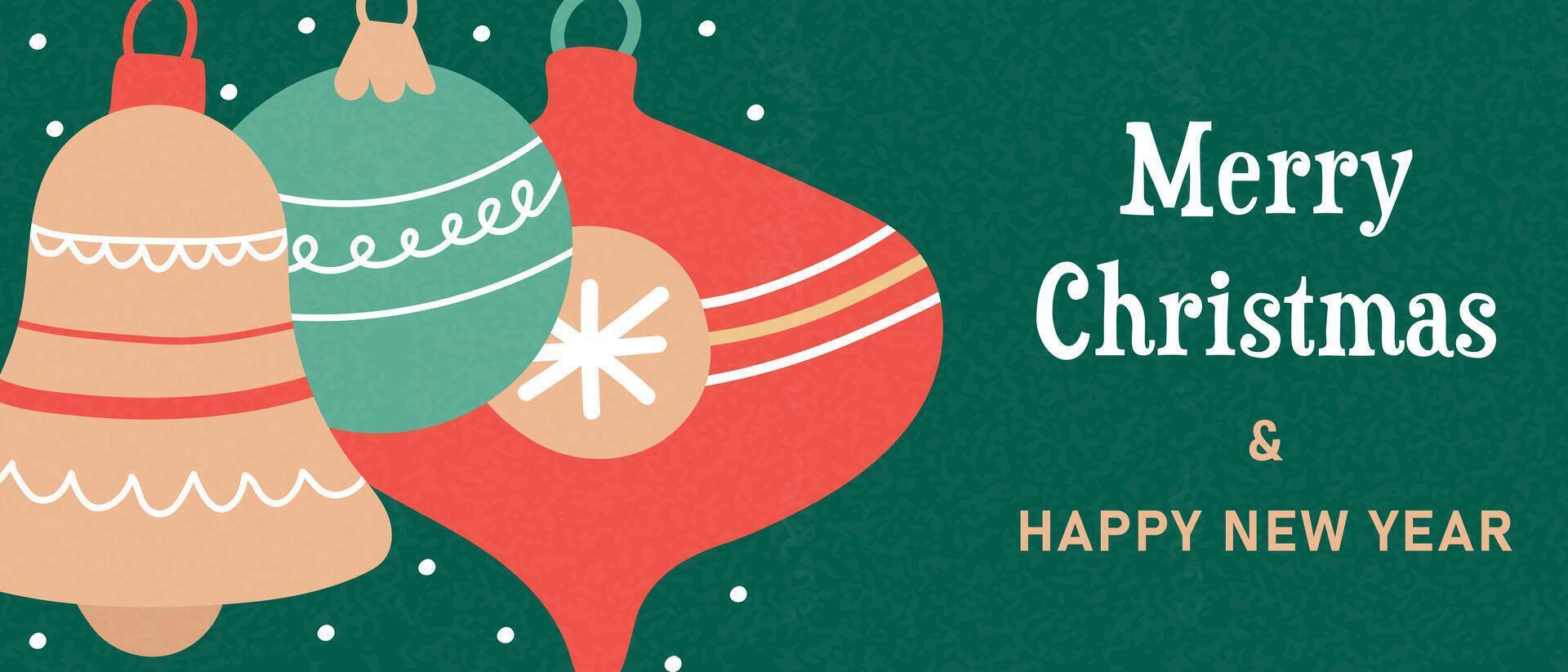 Merry Christmas and Happy New Year banner with flat decorative ornaments for holiday celebration and seasonal greeting card. vector