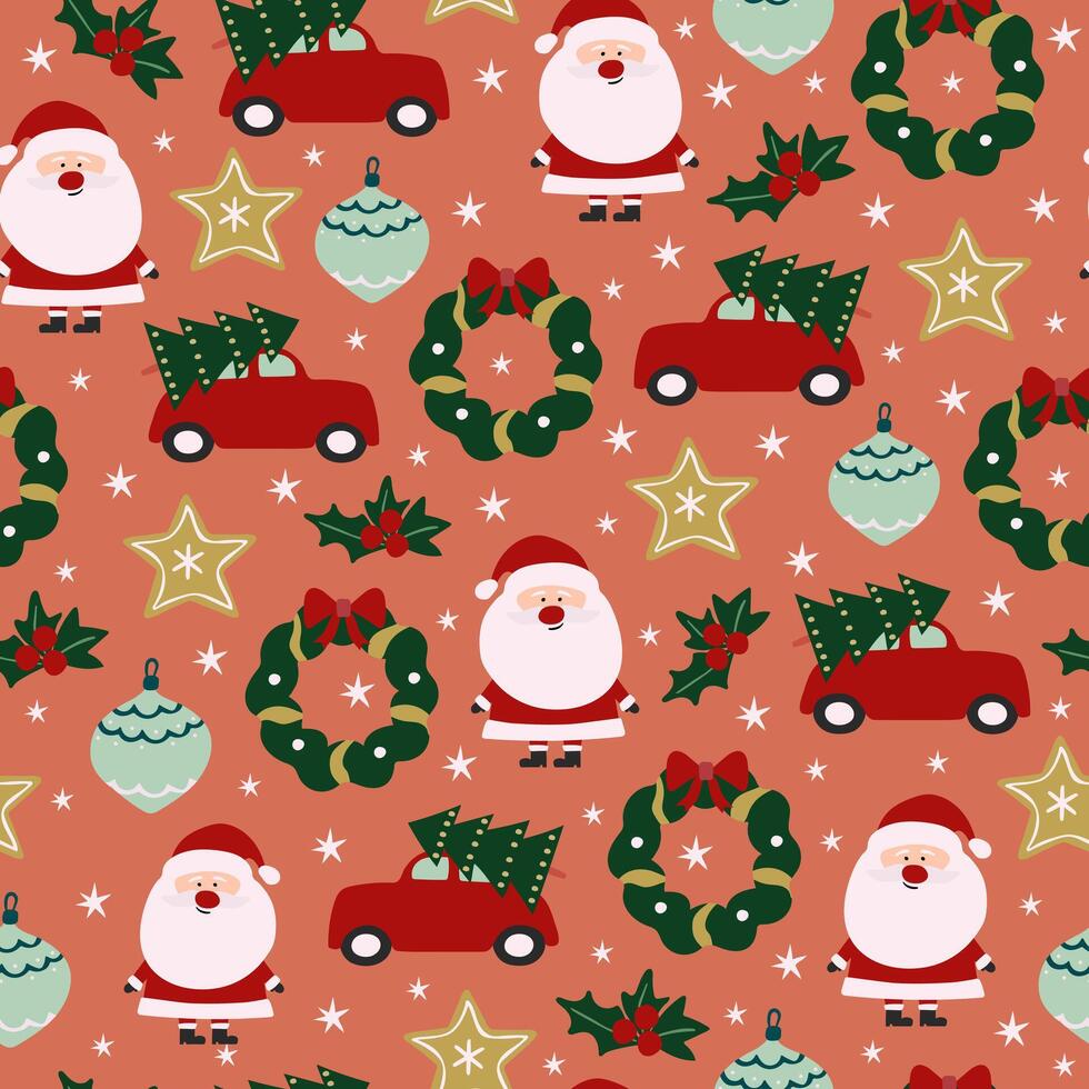 Seamless Christmas or New Year pattern with Santa Claus, Christmas tree in red car, holly, ornament, wreath, star. vector