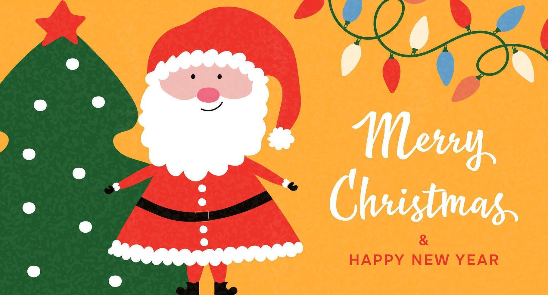 Banner or card with Santa Claus, Christmas tree and holiday lights. Holiday greeting card design for winter holiday. vector