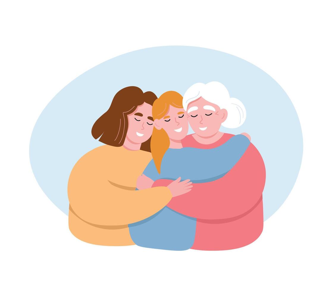 Women of different generations of one family hug each other together. Grandmother, mother, daughter support, care, show love. flat graphics. vector